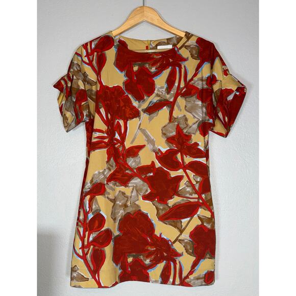 COS Printed Roll Sleeved Short Shift Dress Womens 2 Floral Abstract Art to Wear - Picture 2 of 11